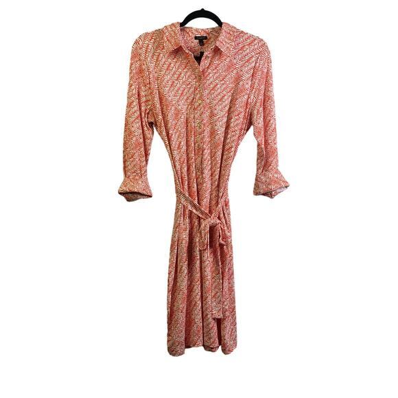 TALBOTS Dress Ponte‎ Knit Rayon Collared Shirt Belted Coral Classic Capsule NWT - Picture 1 of 13